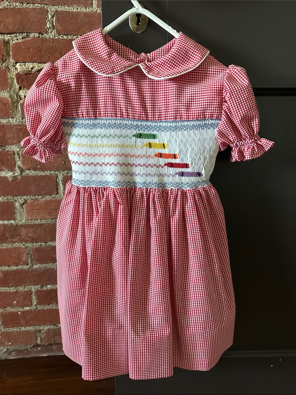 Classic Girls Red Gingham Smocked Dress with Rainbow Detail